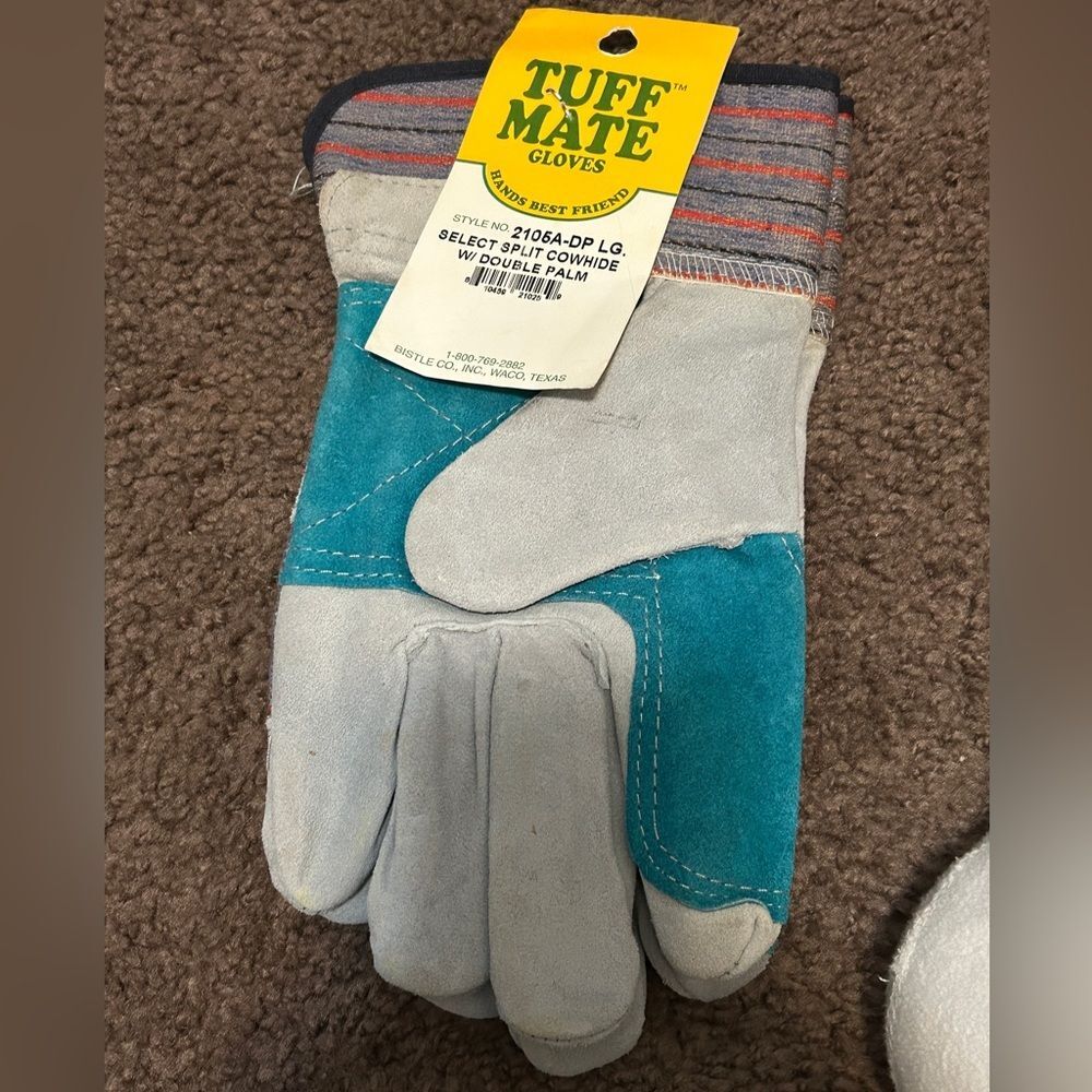 Tuff Mate‎ Select Split Cowhide Gloves w. Double Palm Blue/Grey NWT Large